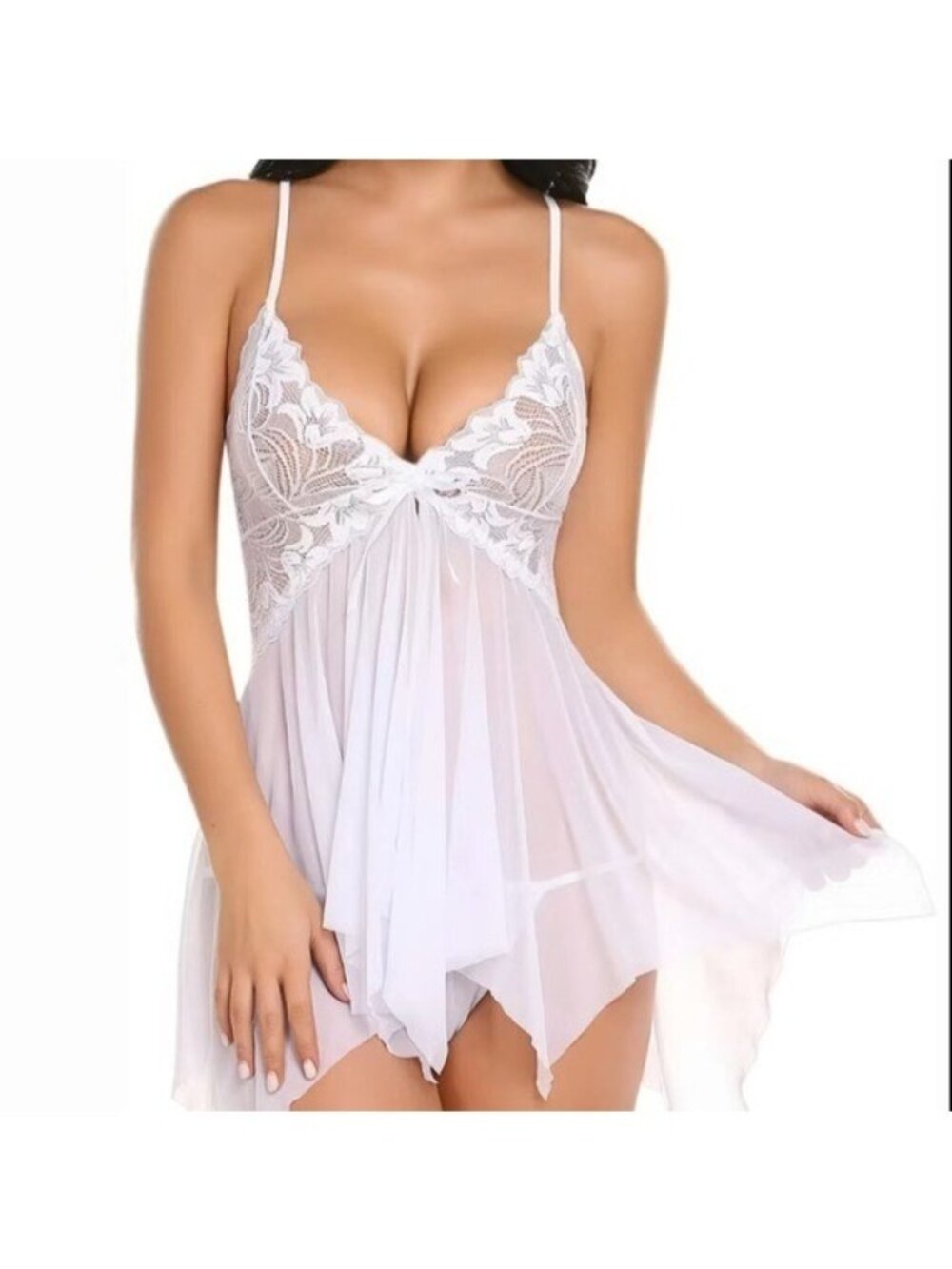 White Lace Mesh Babydoll Night Gown Dress